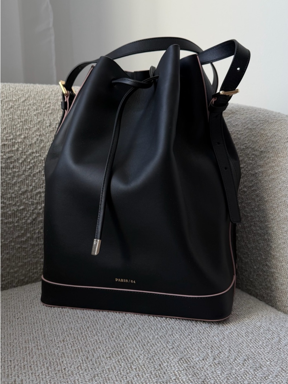 PARIS/64 Black Leather Drawstring Hobo with Pink Trim